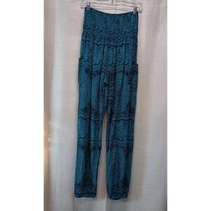Boho Pants Teal Black Paisley Baggy Pants Women's L Pockets Stretch Waist